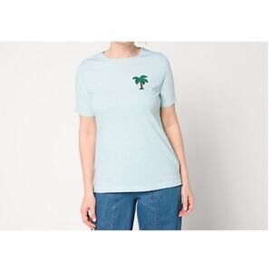 Denim & Co Size S Green Striped Palm Tree Embellished Cotton Top A685466 NWOT